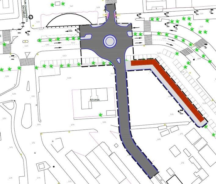 Plano de la nueva glorieta. En gris la rotonda y sus viales. A la izquierda, la plaza de Waldo Calero. En rojo la nueva hilera de puestos de los hippies reubicada a la espalda de la actual hilera interior del paseo