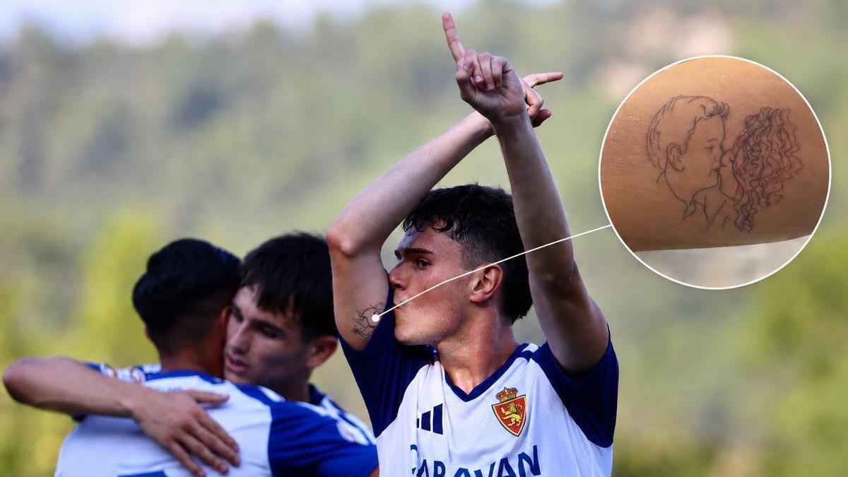 Hugo Pinilla se besa el tatuaje de la foto con su madre tras marcar ante el Utebo.