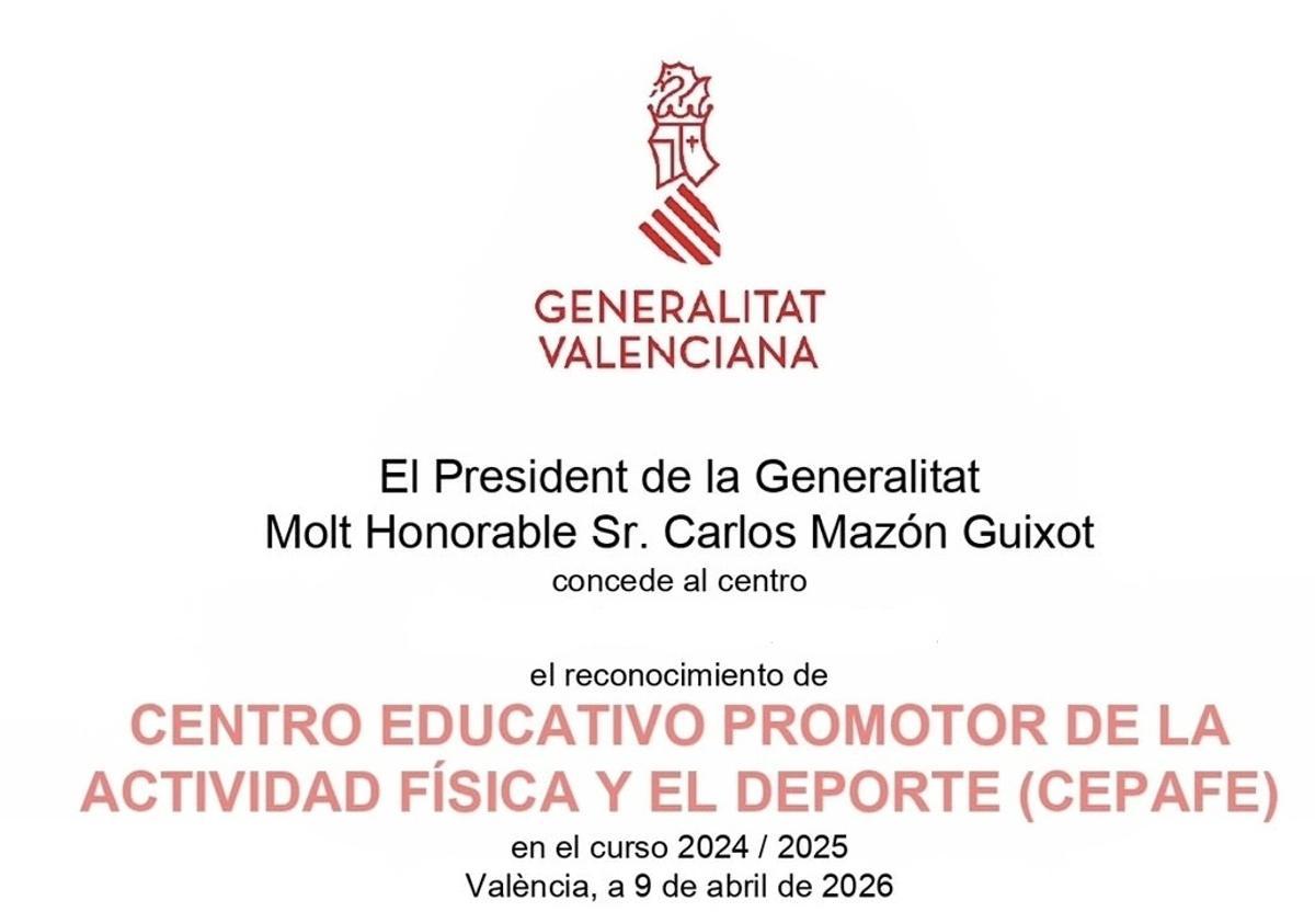 El diploma recibido por un colegio de la provincia con la firma de Mazón