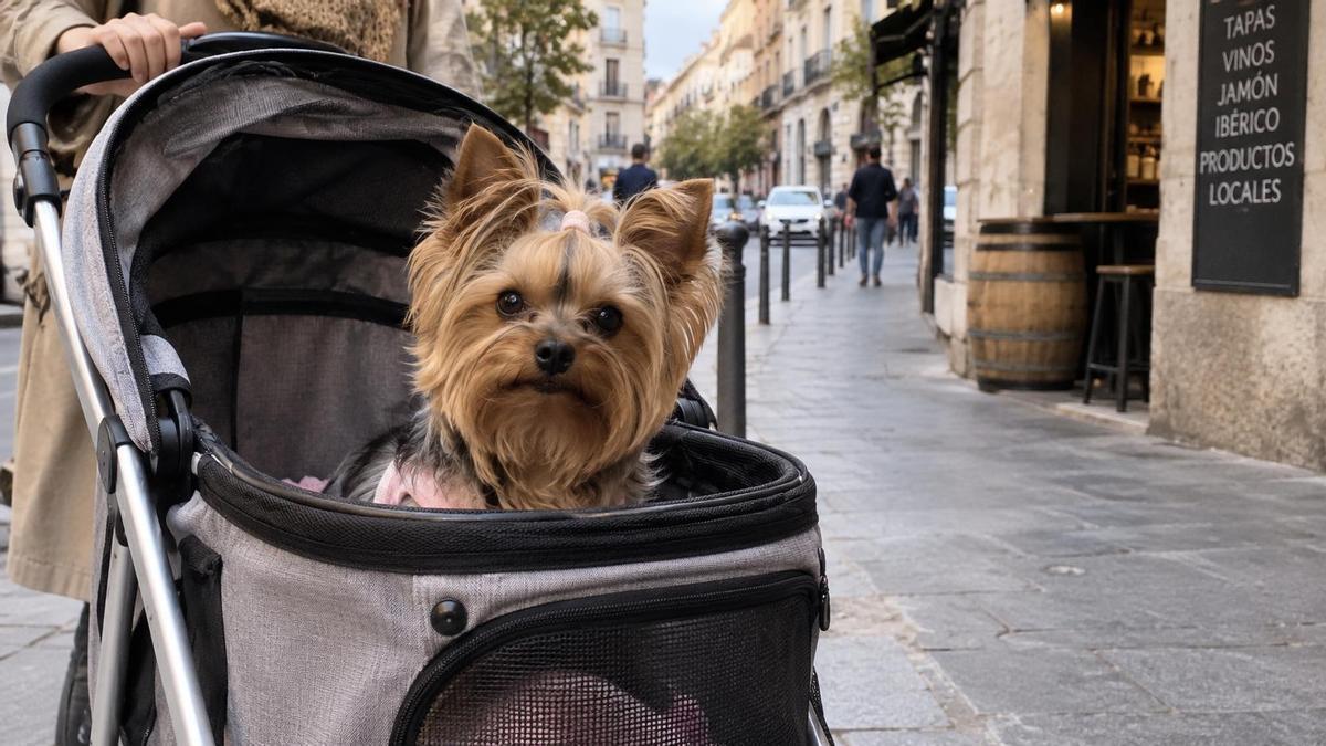 Perro en cochecito de bebé.
