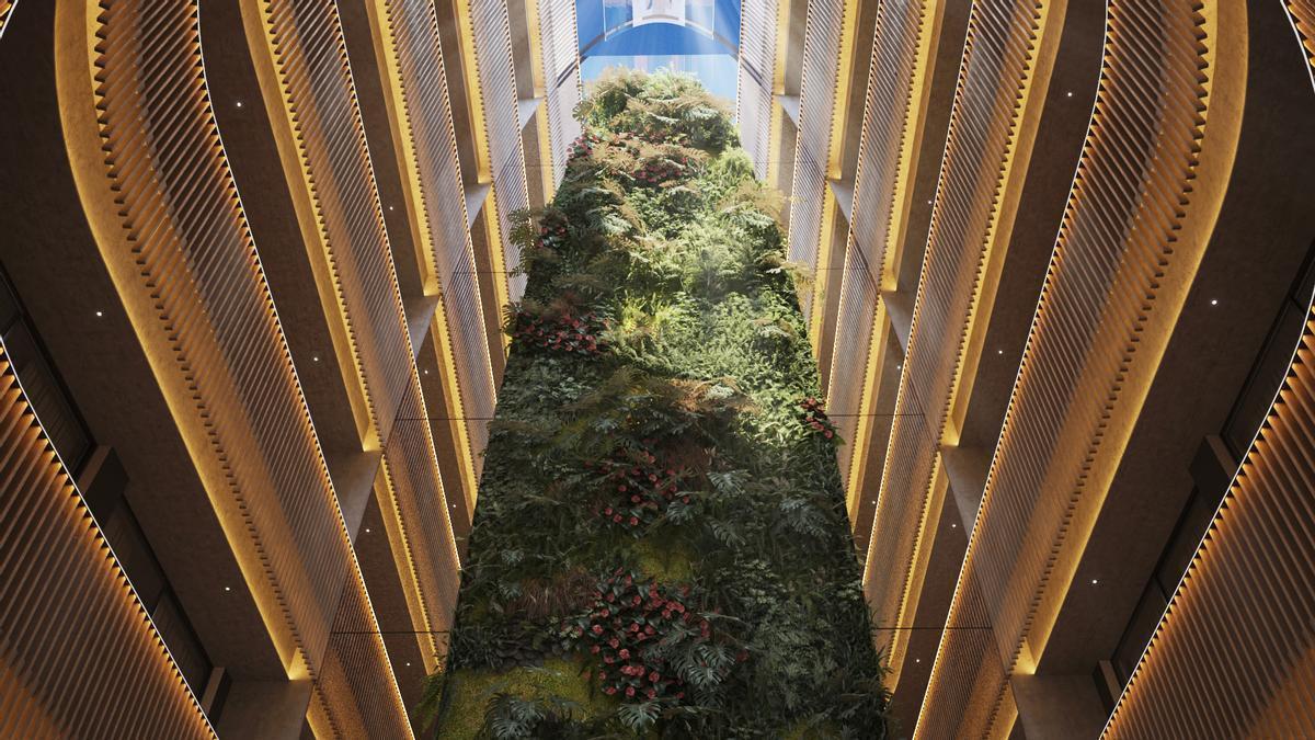Recreació de l’atri principal de l’hotel The Bank amb un jardí vertical de 20 metres