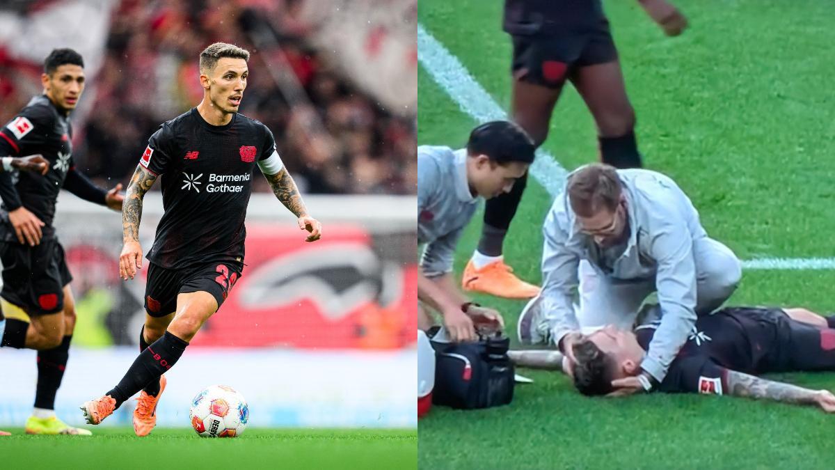 Alejandro Grimaldo recibió un duro golpe en la altura de la sien y tuvo que ser retirado en camilla