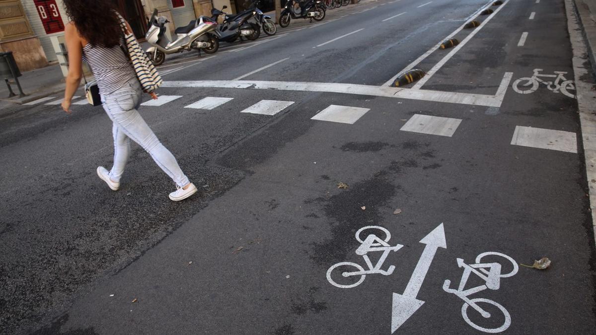 La nueva señalización en el carril bici para alertar a los peatones que miran el móvil, en la calle Girona.