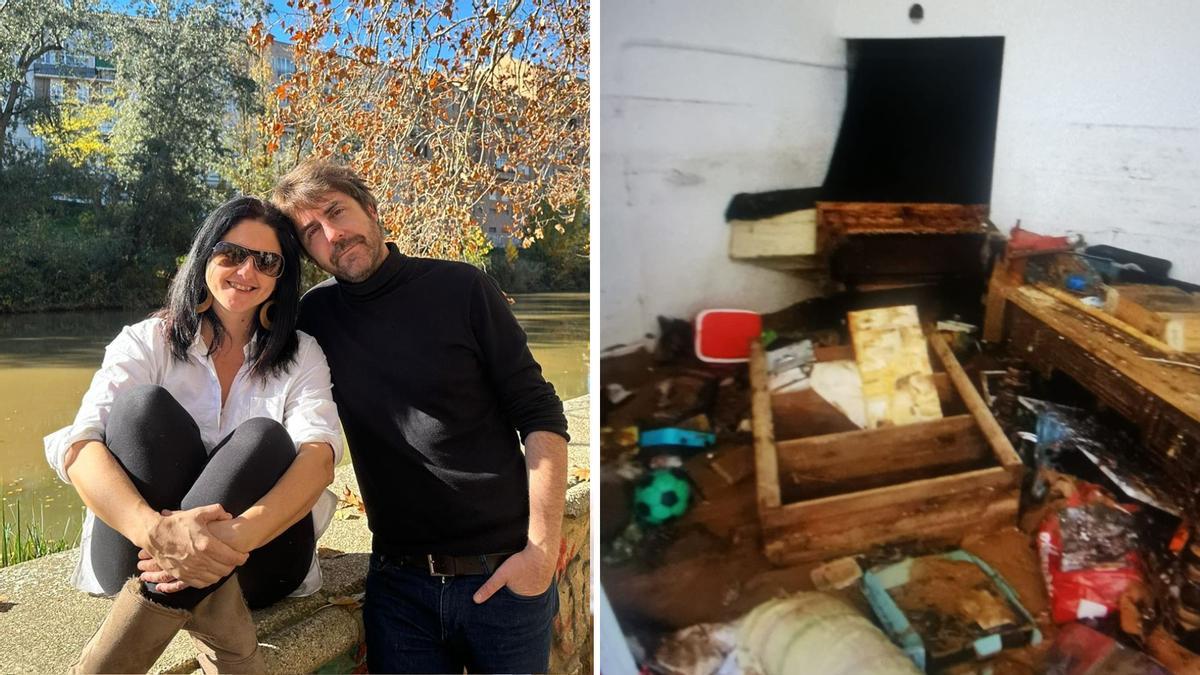 A la izquierda, Ruth Soto y su marido; a la derecha, el negocio de Ruth, arrasado tras la DANA