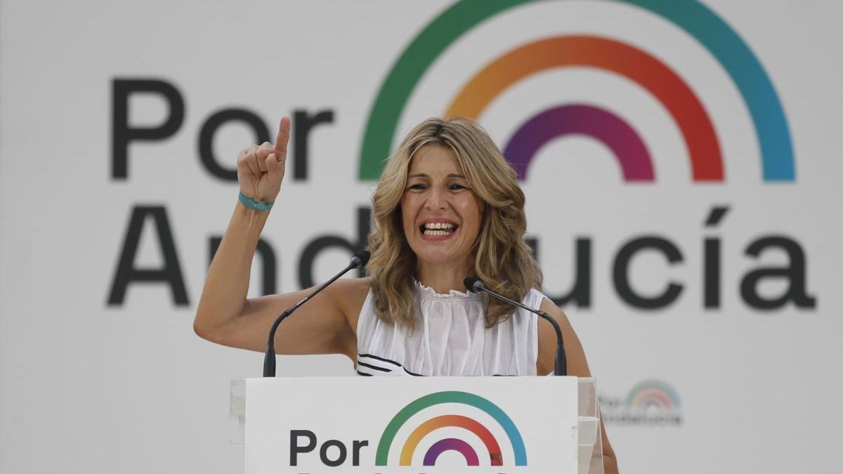 La ministra de Trabajo, Yolanda Díaz, durante el acto electoral que Por Andalucía ha celebrado en Dos Hermanas.