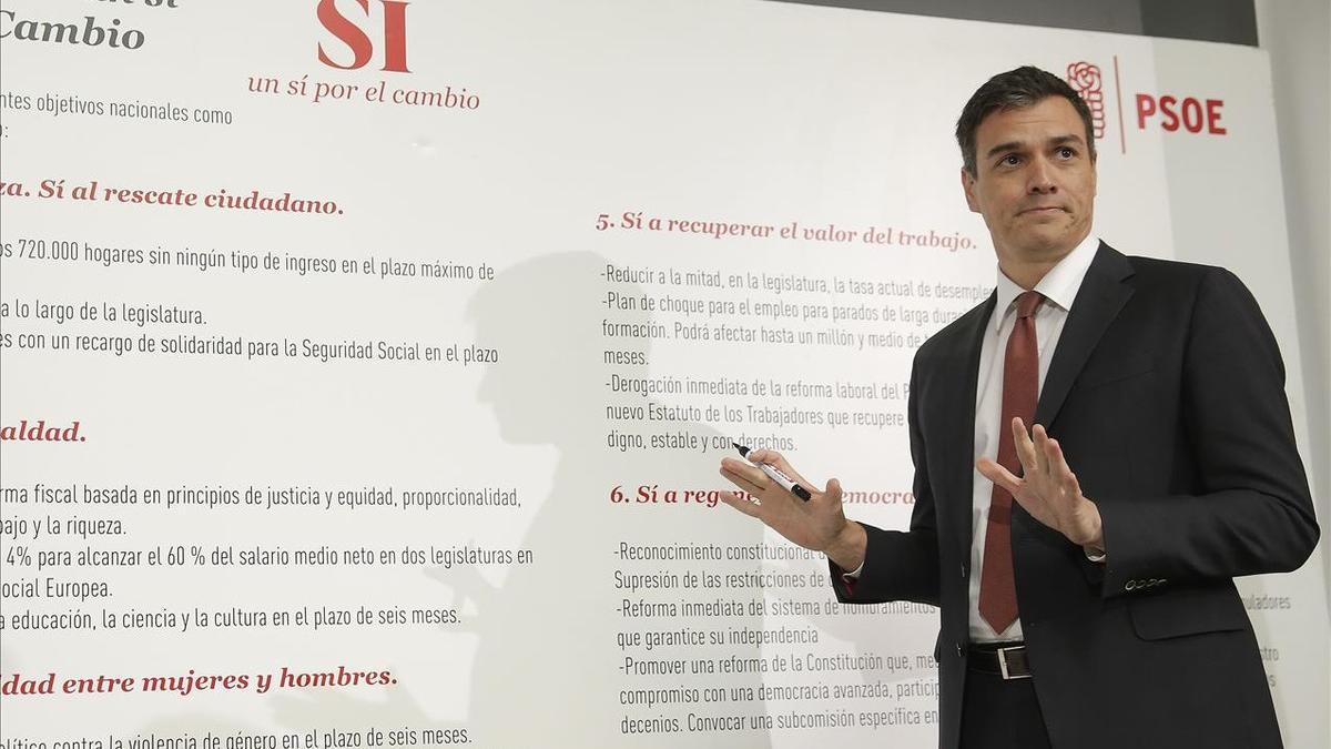 El secretario general del PSOE, Pedro Sánchez, en la presentación de algunas de sus medidas estrella