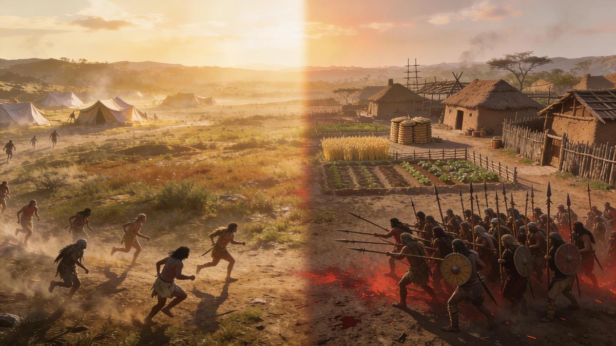 Transición de sociedades nómadas a asentamientos sedentarios, donde el control del territorio y de los recursos convierte la violencia esporádica en guerra organizada.