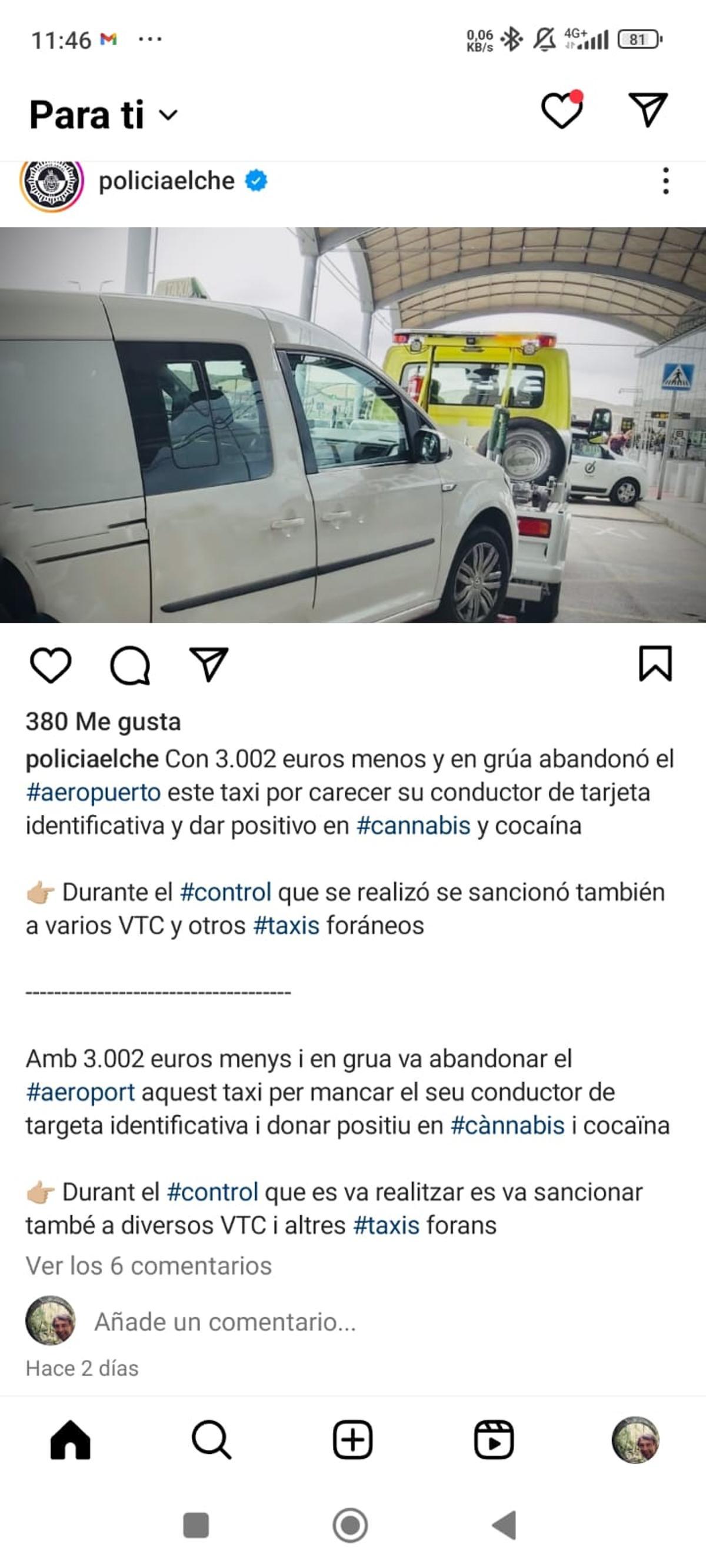 Imagen de las redes sociales de la Policía Local de Elche sobre el incidente