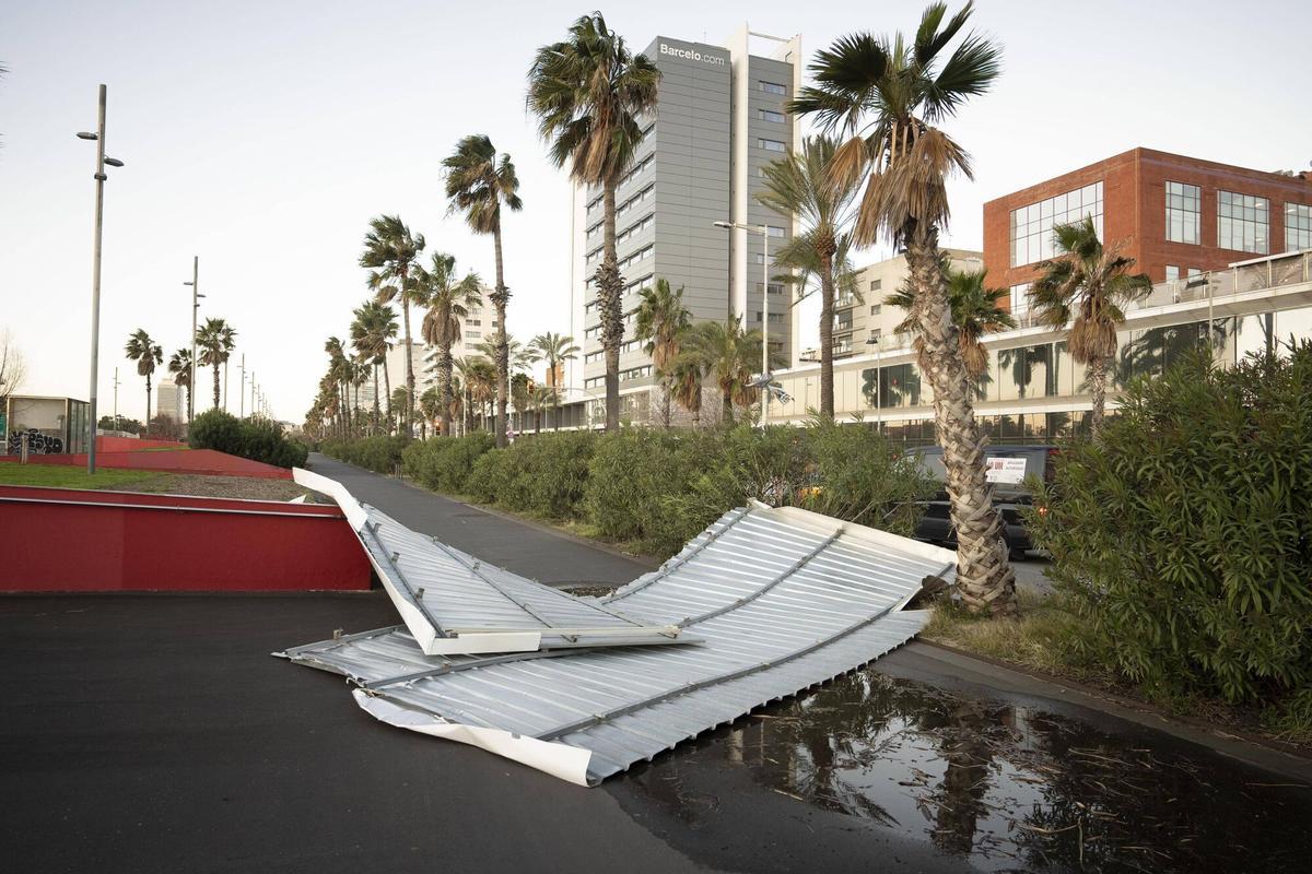 Barcelona 12/02/2026 Temporal de viento en Barcelona provocado por la borrasca Nils En la foto, placas metálicas en Pssg Garcia i Faria Fotografía de Ferran Nadeu