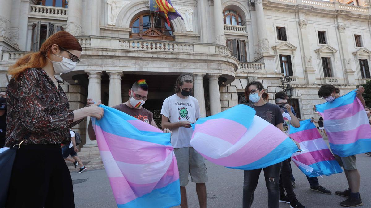 Performance en València a cargo del grupo trans de Lambda para hacer reflexionar sobre la transfobia.