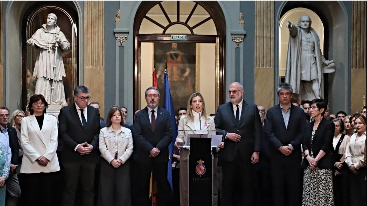 Los senadores de PSOE, ERC, EH Bildu, Junts, PNV y otros partidos durante la lectura de la declaración contra Vito Quiles