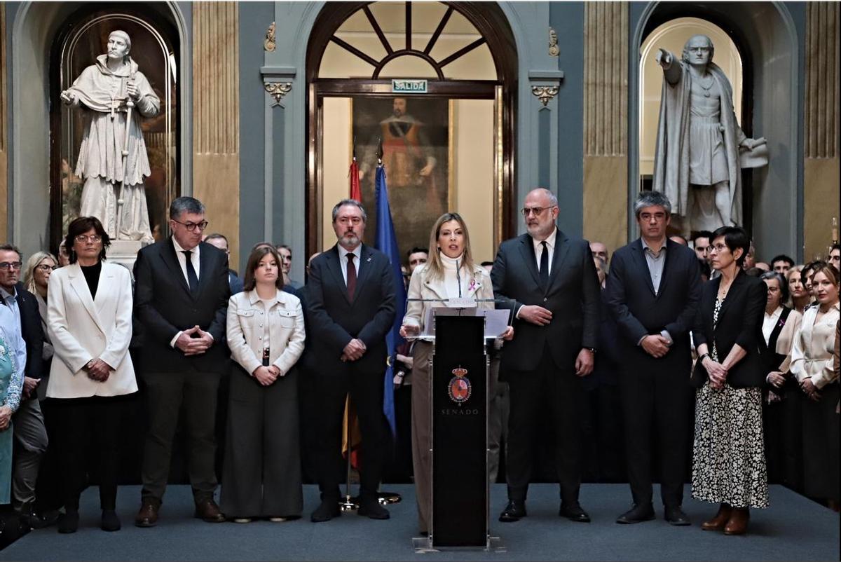 Los senadores de PSOE, ERC, EH Bildu, Junts, PNV y otros partidos durante la lectura de la declaración contra Vito Quiles