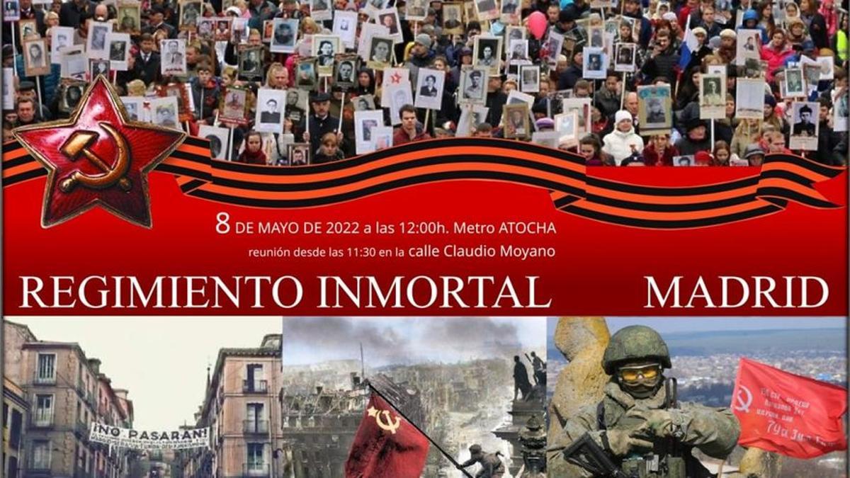 El cartel de convocatoria que difunden las organizaciones prorrusas en Madrid para la marcha del 'Regimiento Inmortal'.