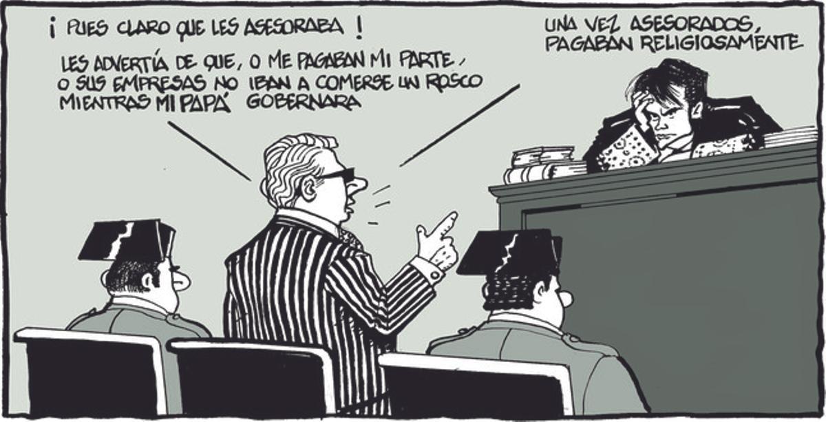 26 de septiembre del 2014. Chiste de Ferreres que muestra al hijo mayor de Jordi Pujol frente al juez.