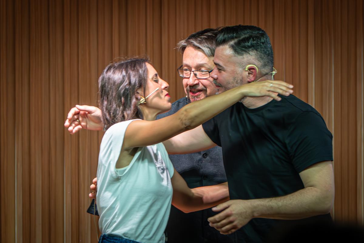Irene Montero, Xavier Domènech i Gabriel Rufián en l’acte d’aquest dijous sobre la unitat de les esquerres.