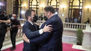 El ’president’ de la Generalitat, Pere Aragonès y el líder de ERC, Oriol Junqueras.