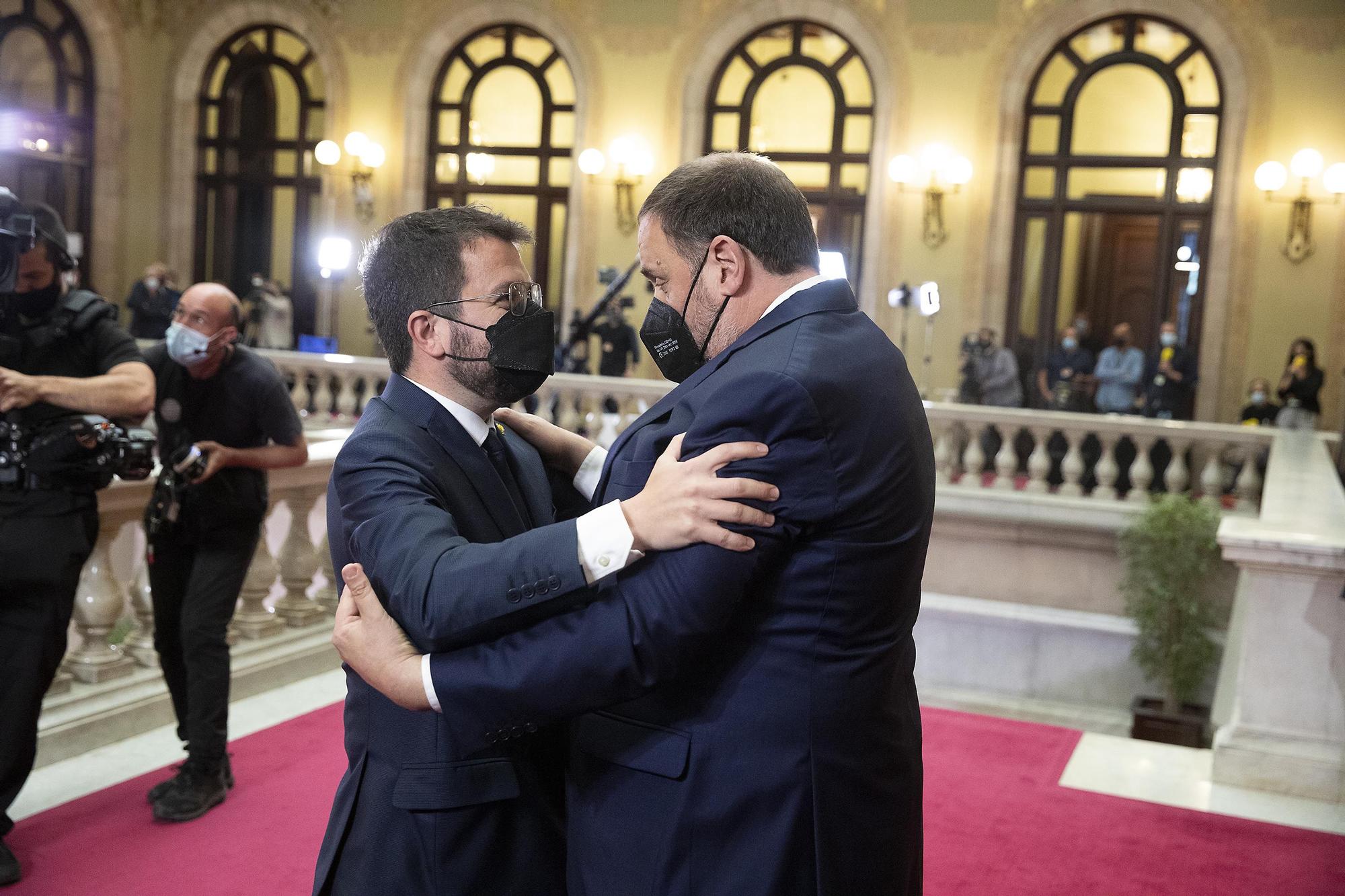 El 'president' de la Generalitat, Pere Aragonès y el líder de ERC, Oriol Junqueras