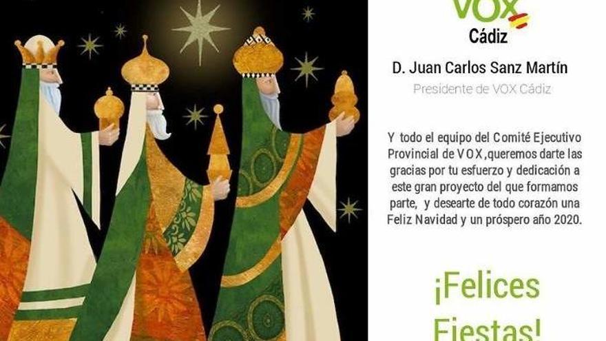 Vox Cádiz &#039;elimina&#039; al rey Baltasar de su felicitación navideña