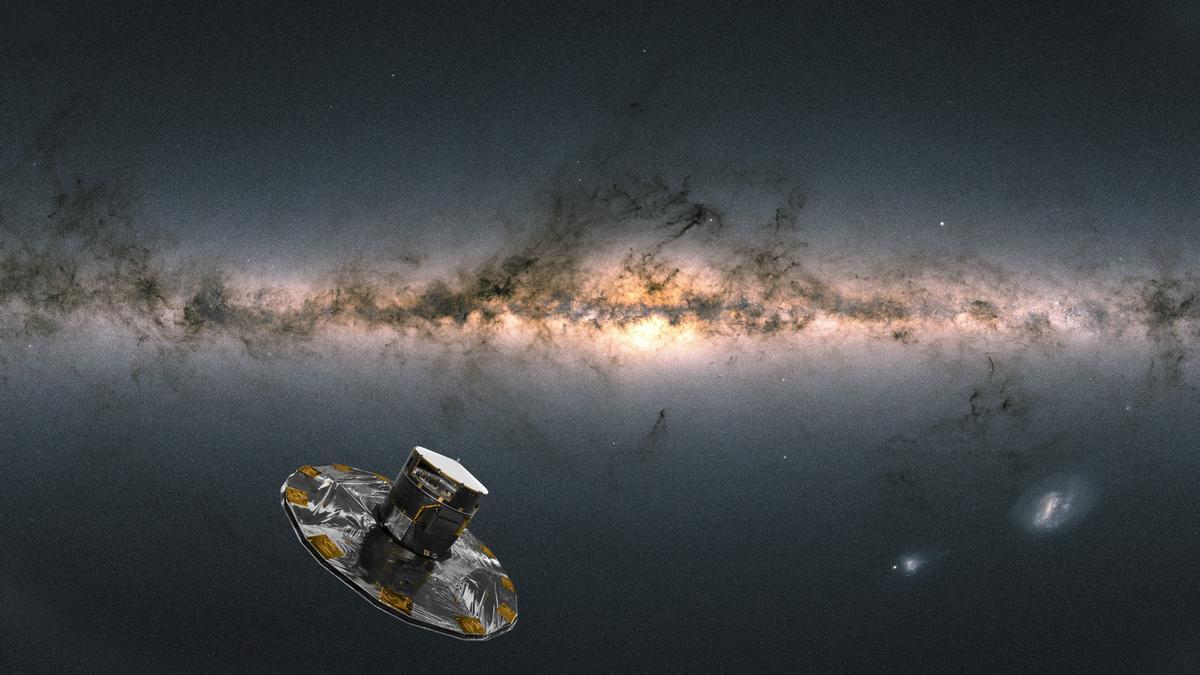 Simulación artística del satélite Gaia de la ESA observando la Vía Láctea. La imagen de fondo del cielo se compila a partir de datos de más de 1.800 millones de estrellas.