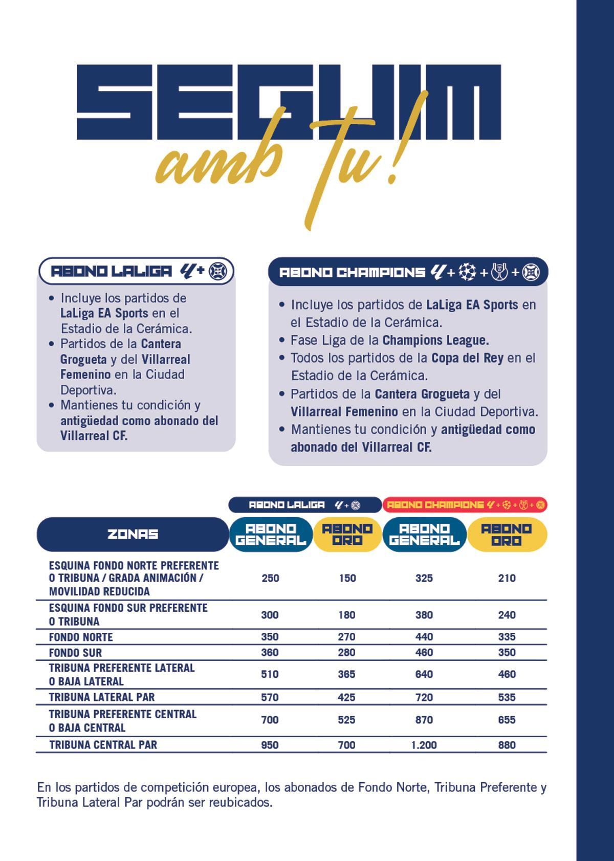 Tipos de abonos, precios y más detalles de la campaña de abonos del Villarreal