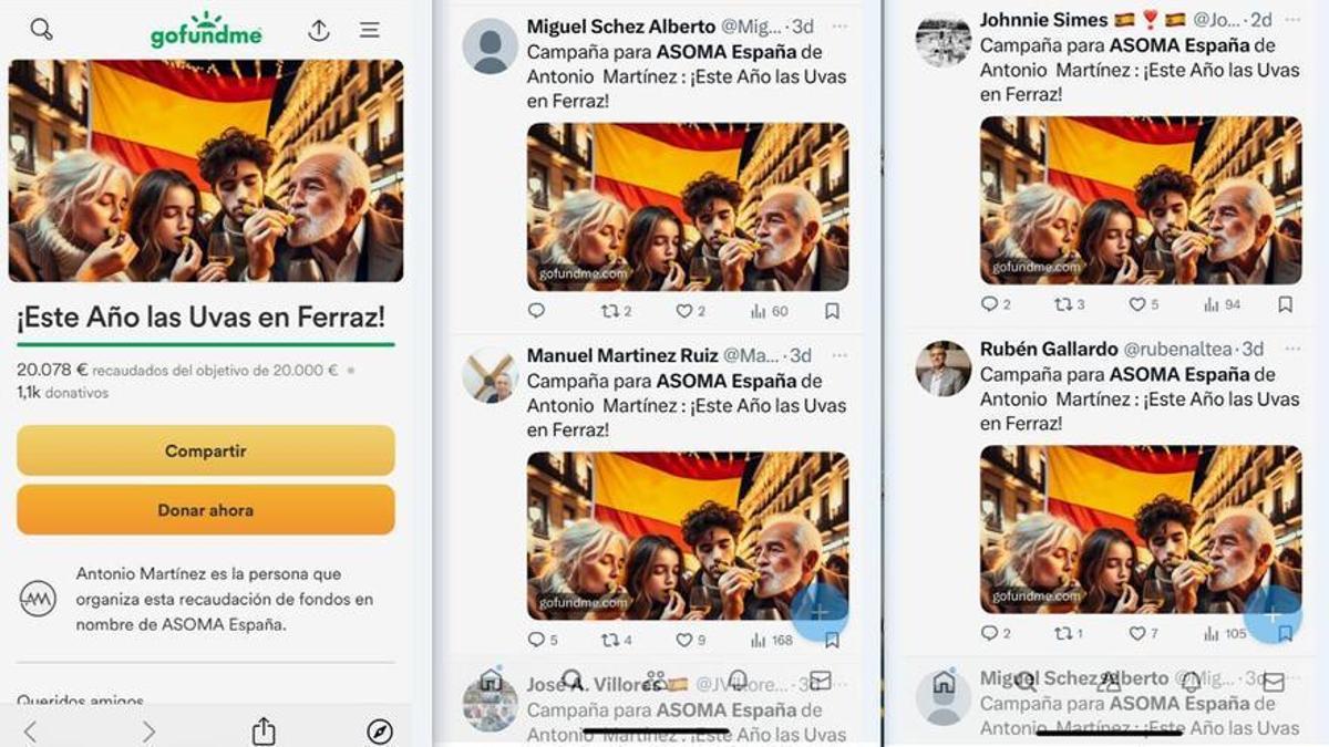 La campaña de recogida de fondos para Uvas en Ferraz y algunos mensajes de su repique literal en la red social X.