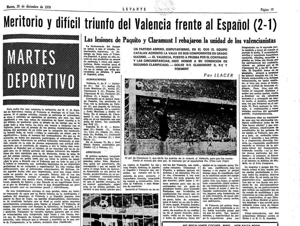 Crónica del Espanyol-Valencia de diciembre de 1970