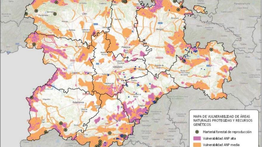 Mapa de Vulnerabilidad de las Áreas Naturales, en morado, zonas de vulnerabilidad alta. | JCyL