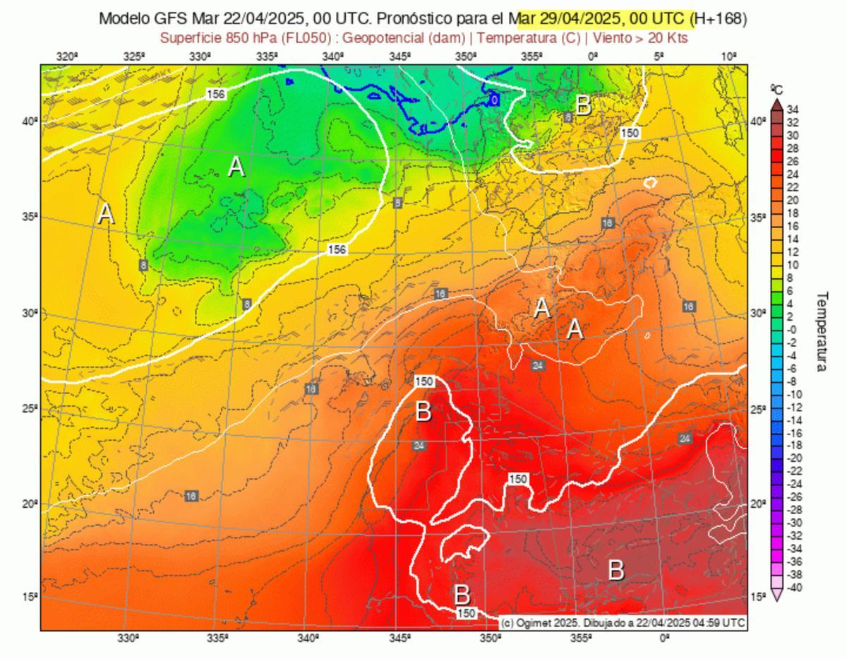 Modelo GFS para el martes, 29 de abril