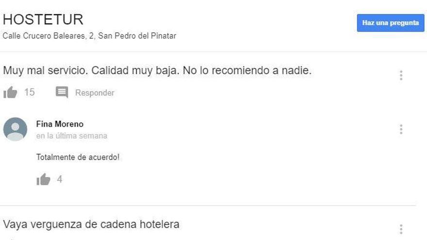 Comentarios en la reseña de Hostetur en Google.