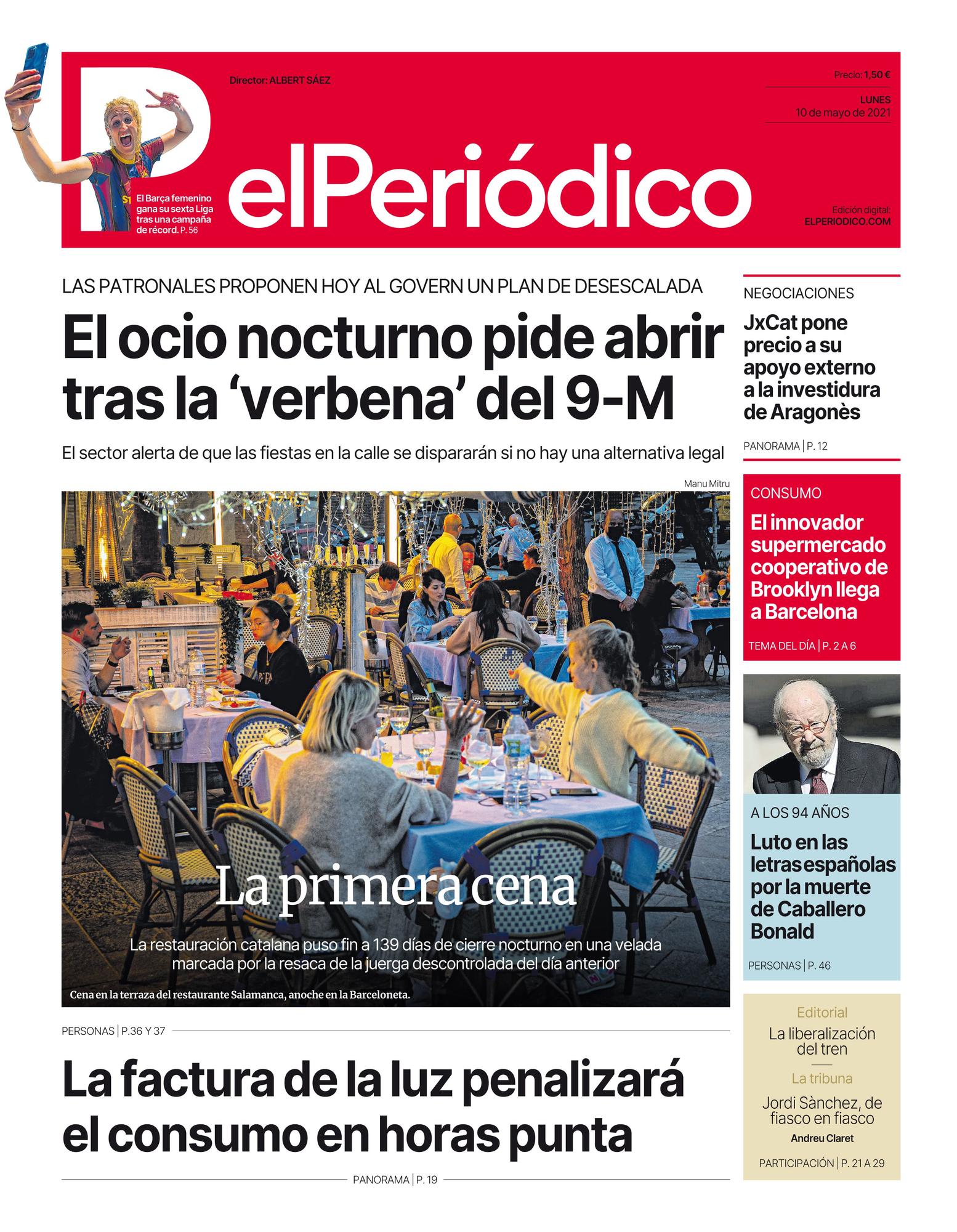 La portada de EL PERIÓDICO del 10 de mayo de 2021