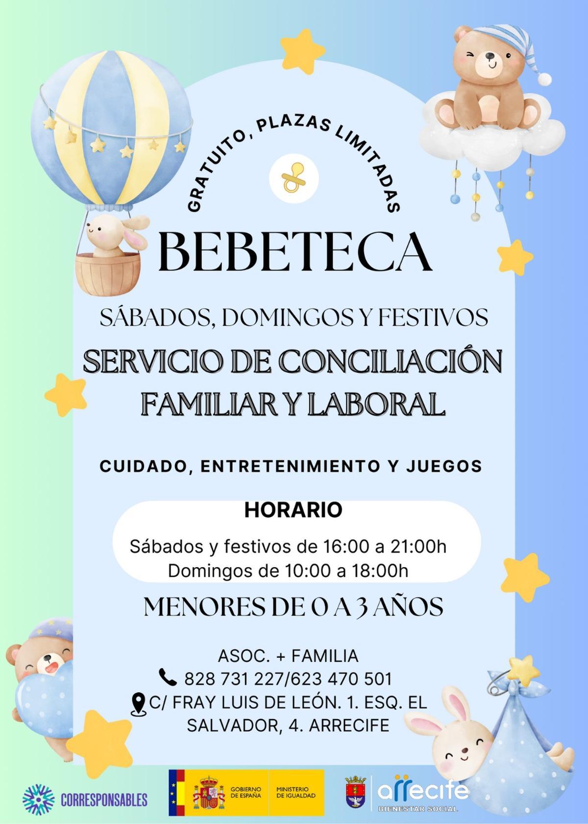 Cartel de la Bebeteca Conciliadora para los fines de semana y festivos en Arrecife.