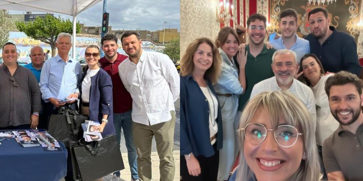 A la izquierda, asesores de Mari Carmen Sánchez en una mesa del PP. A la derecha, su "núcleo duro" este mandato en una imagen publicada en Instagram.