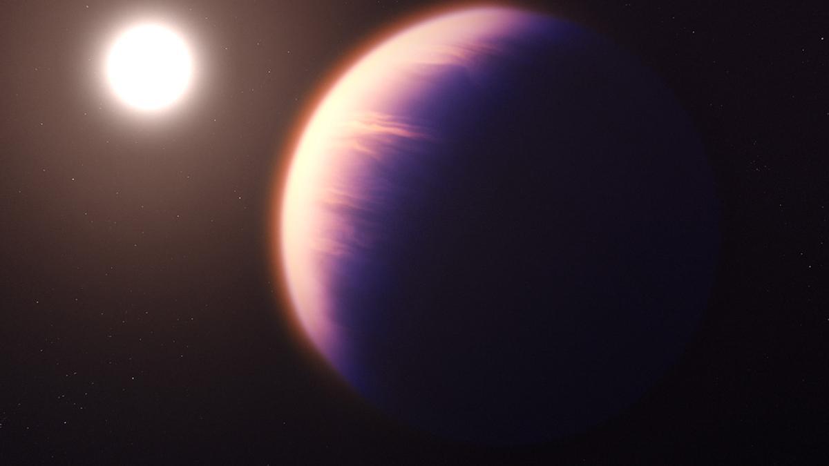 Representación artística del exoplaneta WASP-39b del tamaño de Saturno, a 700 años luz de distancia.