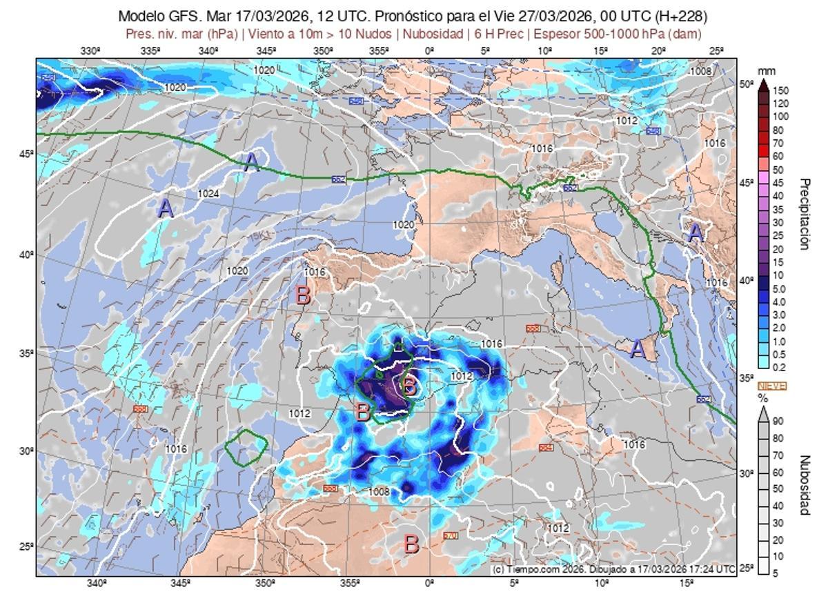 Formación de una borrasca el viernes 27 de marzo en el Mediterráneo
