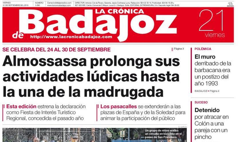 Esta es la portada de LA CRÓNICA DE BADAJOZ correspondiente al día 21 de septiembre del 2018