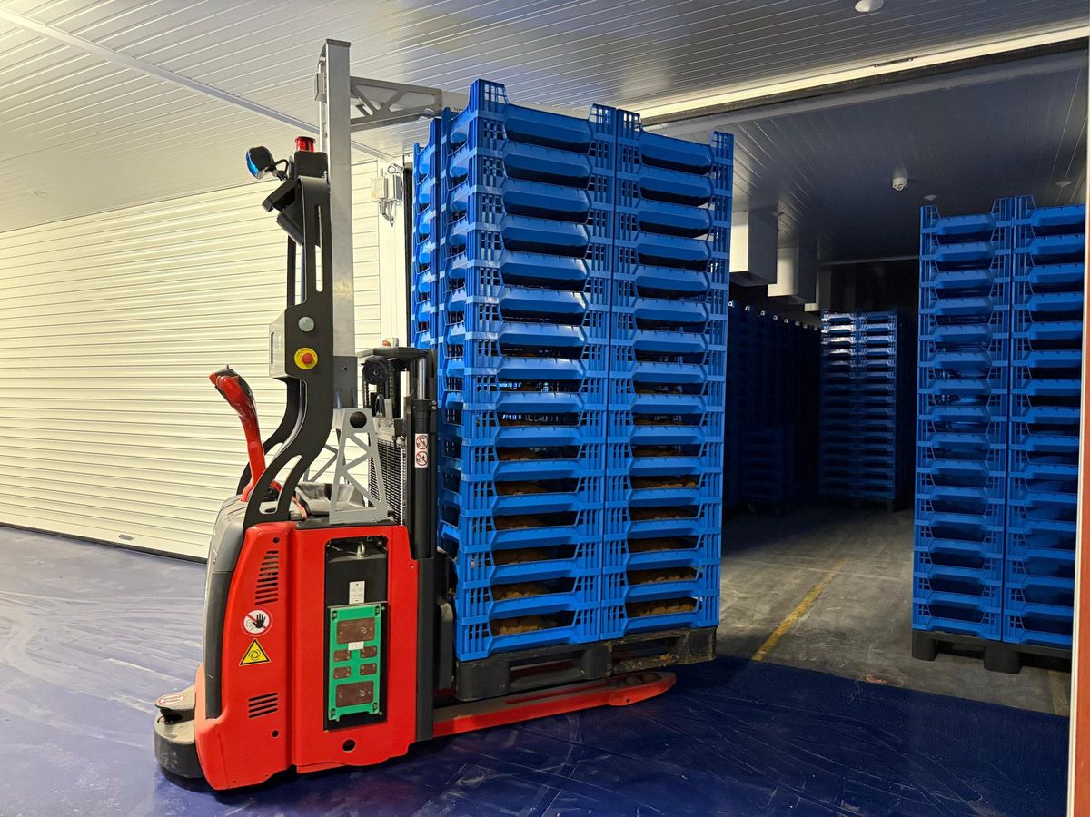 Un robot moviendo cajas con larvas de moscas en las instalaciones de Dapibus