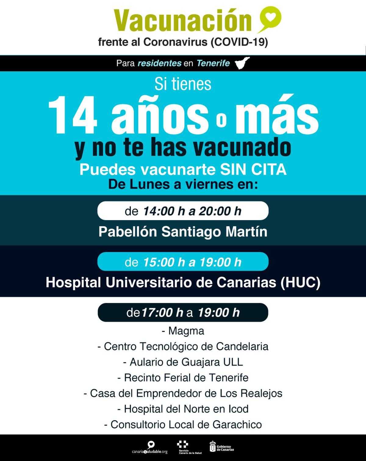 Vacunación sin cita para los mayores de 14 años residentes en Tenerife.