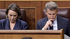 Madrid. 20.11.2024. Alberto Núñez Feijóo y Cuca Gamarra durante la comparecencia de Teresa Ribera, ministra de Transición Ecológica en el Congreso de los Diputados para informar sobre la DANA