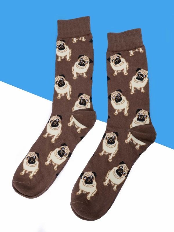 Calcetines marrones con estampado de perro pug