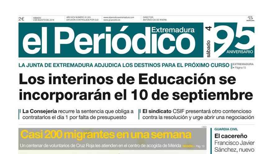 Esta es la portada de EL PERIÓDICO EXTREMADURA correspondiente al día 4 de agosto del 2018