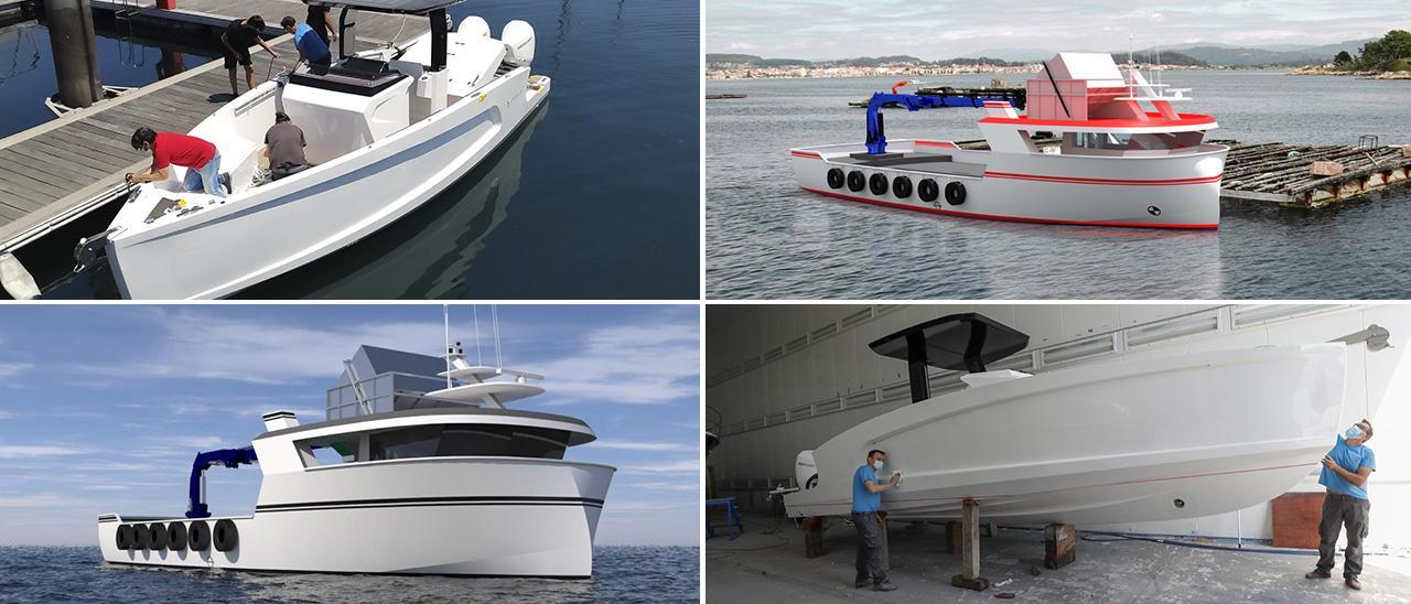 De izquierda a derecha y de arriba a abajo: el yate fabricado por Amura, ya a flote; el mejillonero de proa invertida diseñado por Ingemar y fase de finalización del yate de Titan Yachts, Amura y RodríguezDesign en Marina Davila.