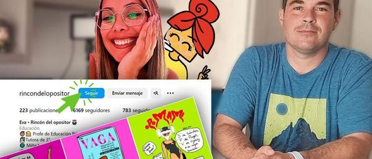 De dcha. a izq: Pablo Rodríguez en su escritorio, Amina Ejrhili de Opositina con su 'alter ego' y la cuenta de Eva Correa.