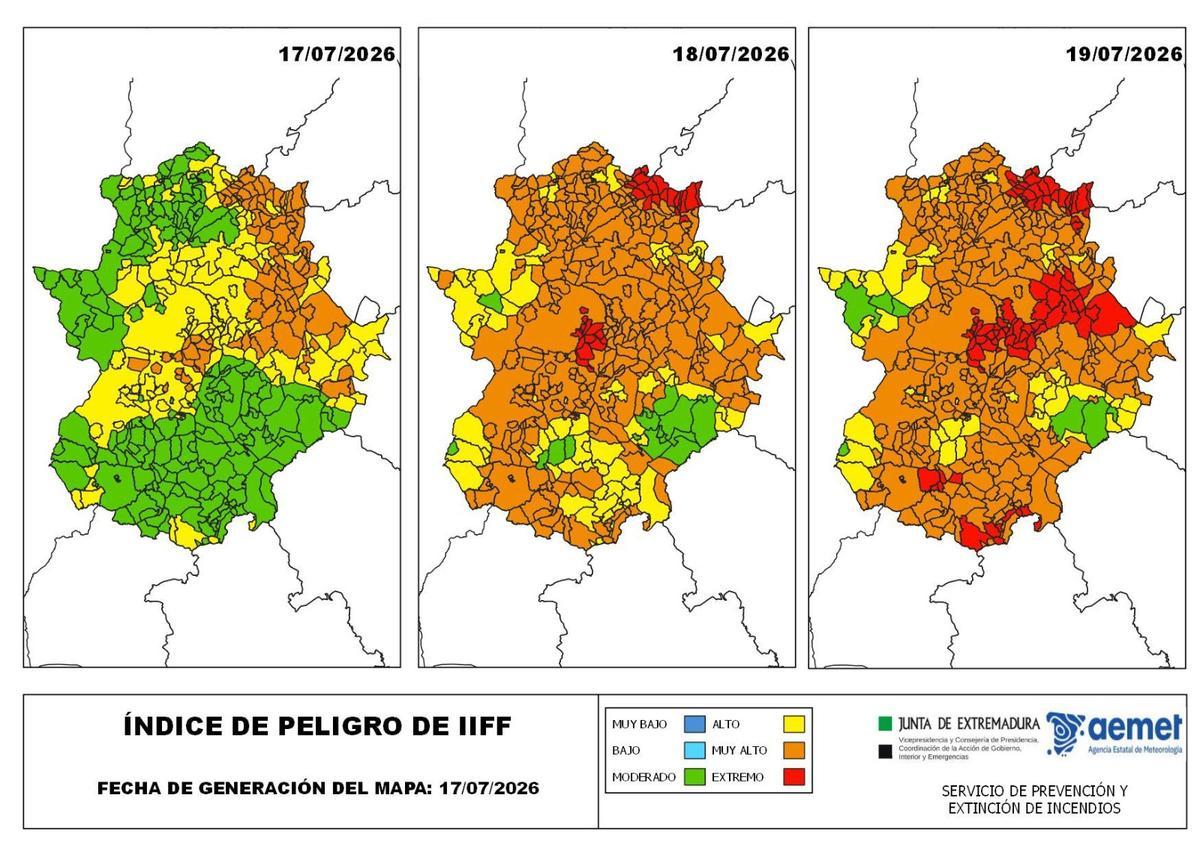 Riesgo de incendios forestales en Extremadura.