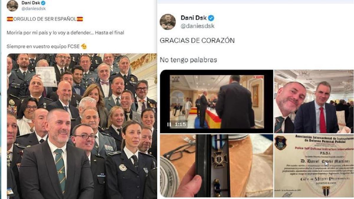 Dos tuits del líder de Desokupa celebrando la medalla. En uno de ellos se muestra junto al resto de premiados y en el otro compartiendo mesa con el diputado de Vox Javier Ortega Smith.