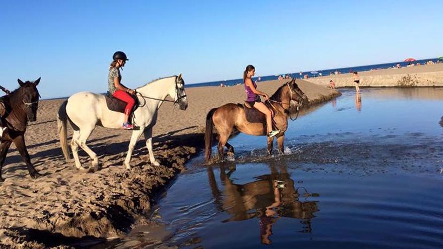Cavalls de la hípica Can Mixeu fent una ruta per la platja