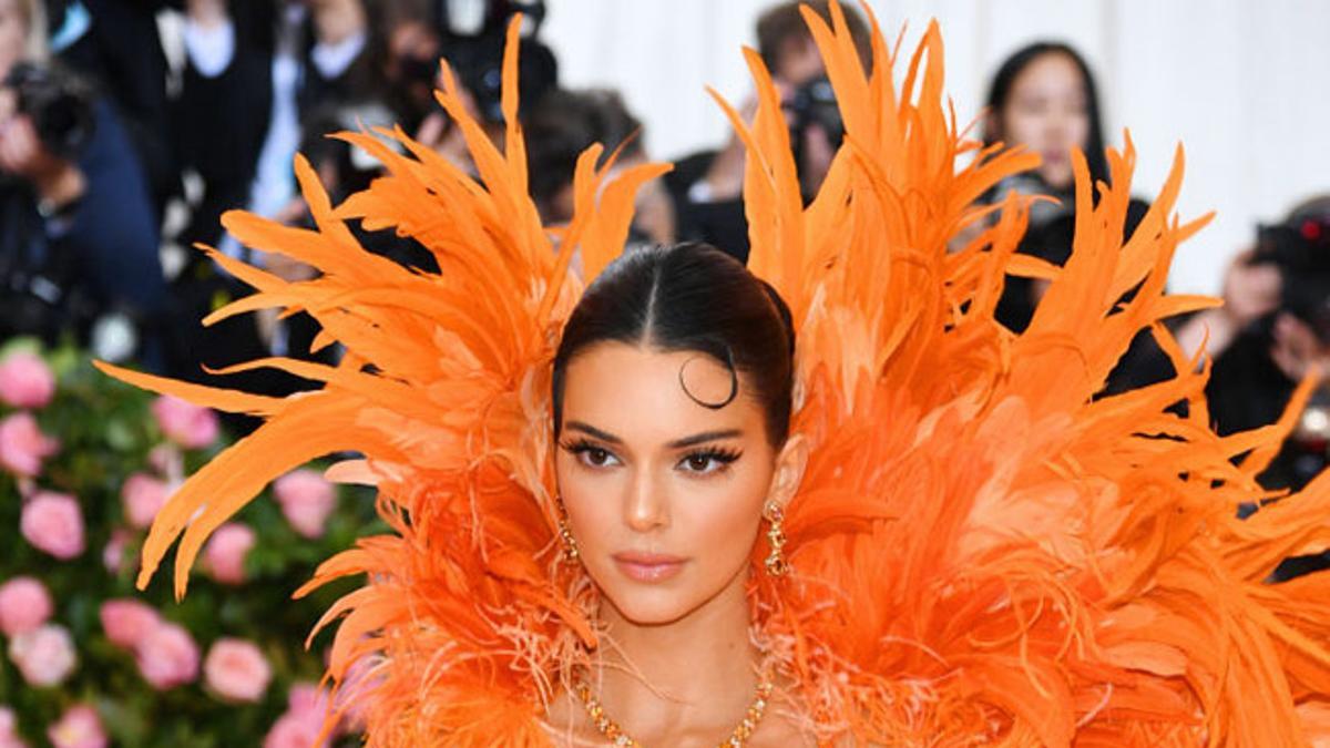 Kendall Jenner con vestido de plumas de Versace en la gala Met 2019