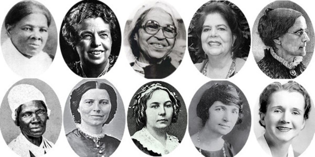 D’esquerra a dreta: Harriet Tubman, Eleanor Roosevelt, Rosa Parks, Wilma Mankiller, Susan B. Anthony, Sojourner Truth, Clara Barton, Elizabeth Lady Stanton, Margaret Sanger i Rachel Carson.