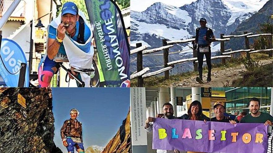 Blas, con la medalla de &#039;finisher&#039; del Tor des Geants. Dos momentos de la carrera y recibimiento a su regreso.