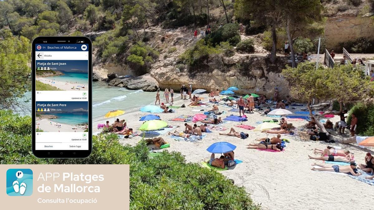 A la izquierda, imagen real de la interfaz de la aplicación lanzada por el Consell, bautizada como 'Playas de Mallorca'.