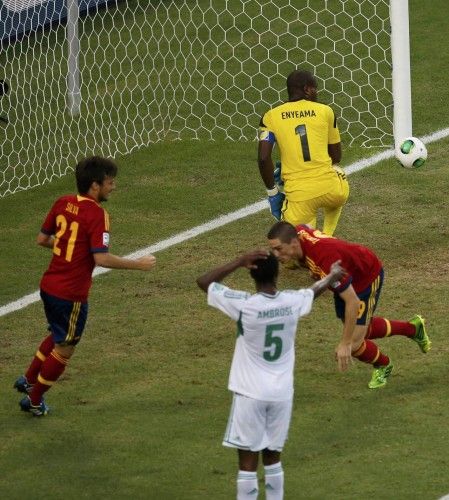 Spain's Torres celebrates after scoring a goal past Nigeria's goalkeeper Enyeama during their Confederations Cup Group B soccer match in Fortaleza